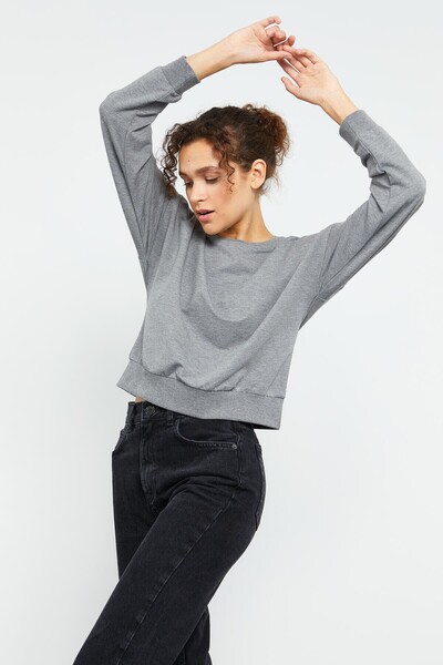 TOMMY LIFE Grey Melange Basic Comfortable Form O Neck Women's Sweatshirt - 97114