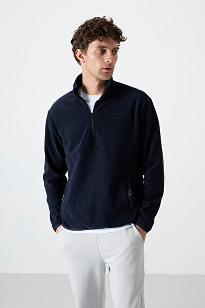 TOMMY LIFE Navy Blue Half Zipper Sweatshirt Slim Fit Stand Collar Men's Fleece - 87891