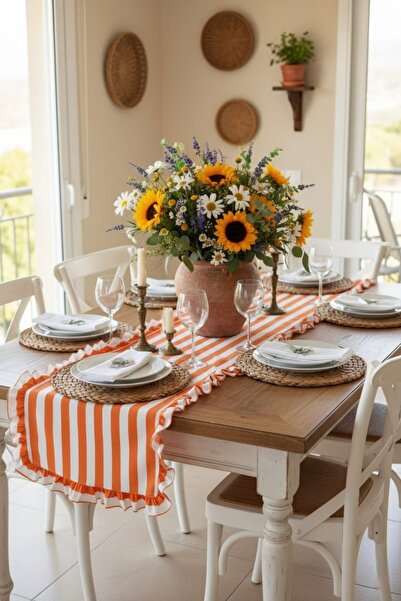 vintagetasarım runner çizgili fırfırlı vintage turuncu duck keten 40x130cm