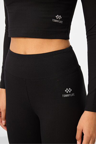 TOMMY LIFE Μαύρο ψηλόμεσο μακρυμάνικο σετ γυναικείο κολάν Crop Top - 95286