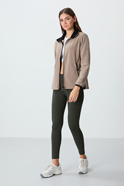 TOMMY LIFE Dark Beige Stand Collar Zip Comfortable Form Women's Fleece Sweatshirt - 97173