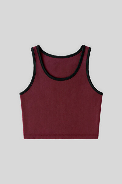 TOMMY LIFE Tricou crop top pentru femei, cu decolteu rotund, cu mâneci zero basic, roșu Claret - 97162