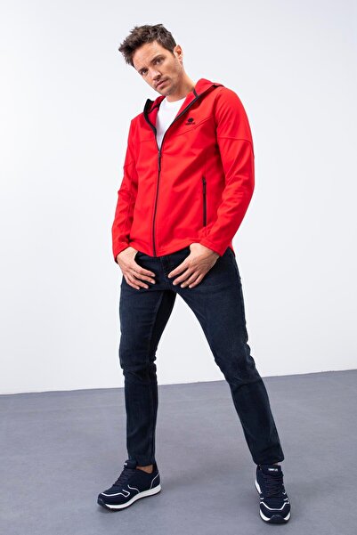 TOMMY LIFE Κόκκινο ανδρικό παλτό με κουκούλα με φερμουάρ και αντιανεμικό Softshell - 88051