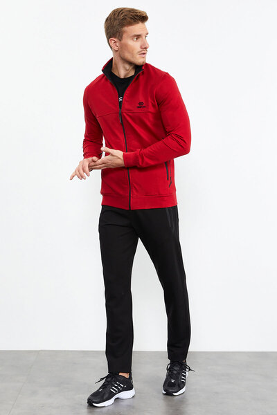 TOMMY LIFE Κόκκινο - Μαύρο Σετ ανδρικής φόρμας με φερμουάρ Standard Fit Classic Leg - 85152