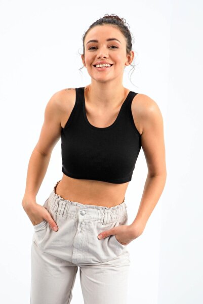 TOMMY LIFE Μαύρο Basic Zero Sleeve Slim Fit U-Neck γυναικείο εσώρουχο Crop Top - 97160