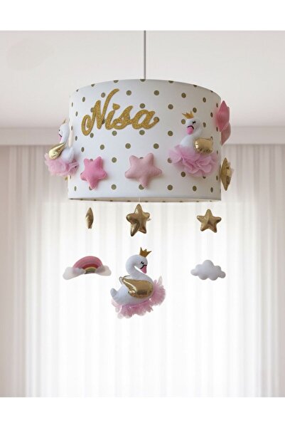 Leobabyroom Gold Puantiye Detaylı Kuğu Model Pembe Çiçekli Bebek/Çocuk Odası Tasarım Avize