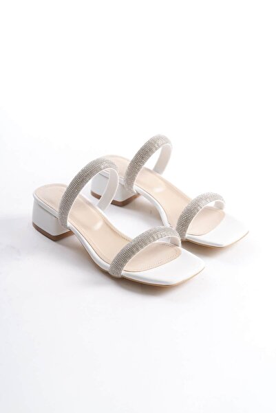 DS AYAKKABI Γυναικείες παντόφλες με τακούνι Premium White Stone με λεπτό λουράκι