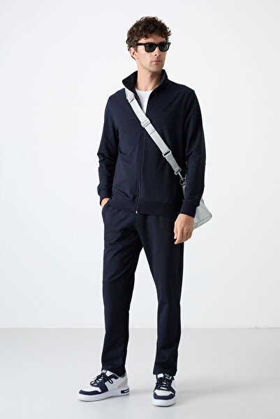 TOMMY LIFE Σετ ανδρικής φόρμας κλασικής φόρμας με φερμουάρ σε μπλε γιακά με φερμουάρ - 85072