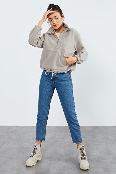 TOMMY LIFE Sötét bézs félcipzáras szegély, ráncolt női polár oversize pulóver - 97171