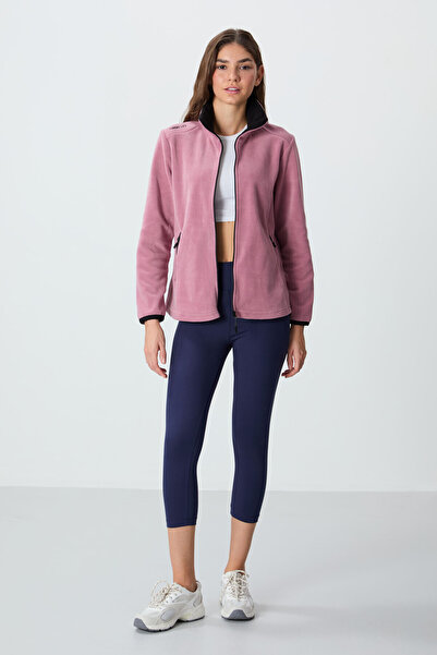 TOMMY LIFE Dried Rose Stand Collar Zippered Comfortable Form Women's Fleece Sweatshirt - 97173