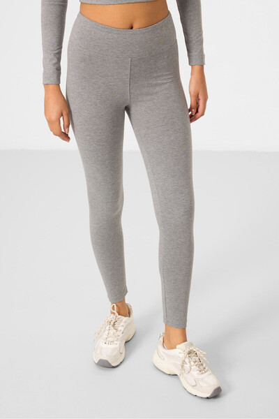 TOMMY LIFE Gray Melange High Waist Long Sleeve Slim Fit Crop Top Women&#39;s Tights Set - 95286