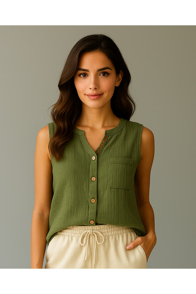 Metta's Shop Haki Muslin Kolsuz Bluz