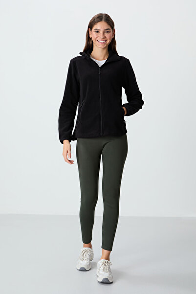 TOMMY LIFE Black Stand Collar Zippered Comfortable Form Women's Fleece Sweatshirt - 97173