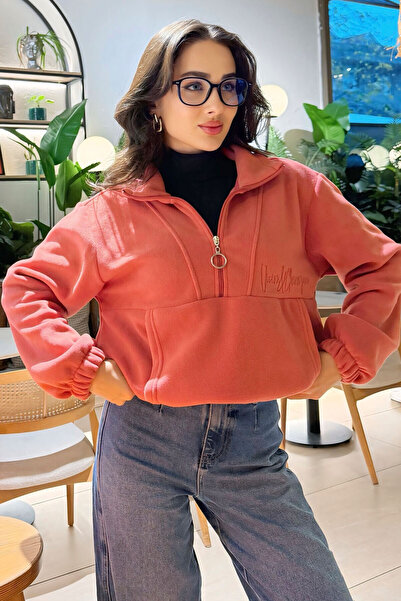 TOMMY LIFE Hanorac supradimensionat din lână pentru femei, cu jumătate de fermoar, trandafir sălbatic - 97171