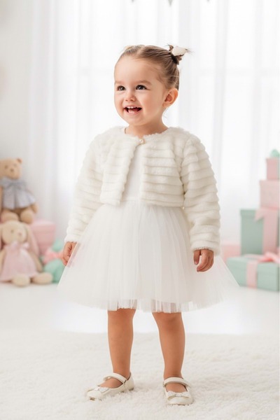 Mnk Baby&Kids Baby Girl Dress with Plush Bolero M00771 Ecru