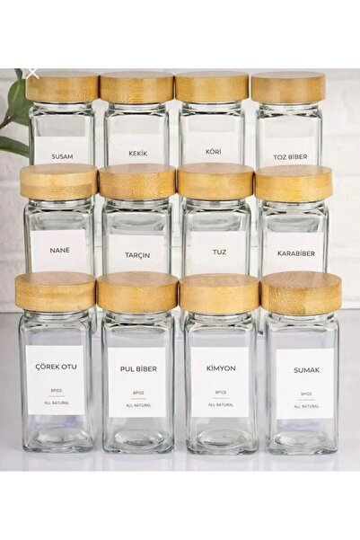 ALP HOME 12'li Kare Cam Baharatlık Seti – 120 ml, Bambu Kapaklı, Etiket Hediyeli