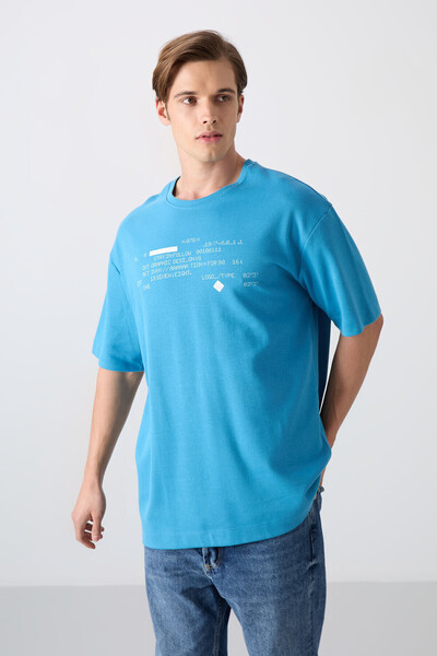TOMMY LIFE Petrol Blue Cotton Thick Soft Textured Oversize Fit Printed Men's ...