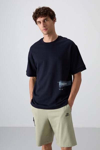TOMMY LIFE Lacivert Pamuklu Kalın Yumuşak Dokulu Oversize Fit Baskılı Erkek T...