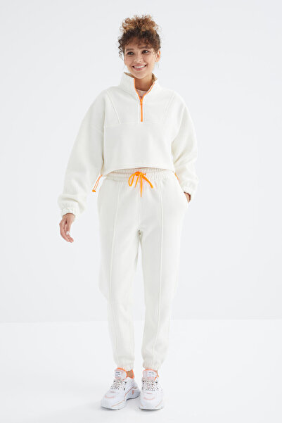 TOMMY LIFE Ecru Off-Shoulder Waist Gathered Half-Length Zippered Oversized γυναικεία φόρμα - 95321