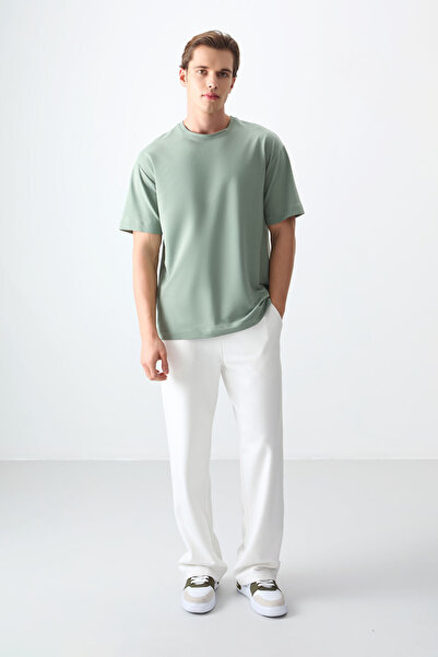 AIR JONES Ανοιχτό πράσινο βαμβακερό χοντρό ανδρικό μπλουζάκι με απαλή υφή Oversize Fit Basic -88377
