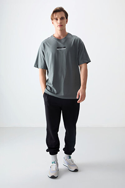 AIR JONES Ανδρικό μπλουζάκι με στάμπα χακί 100% βαμβακερό, μαλακή υφή, υπερμεγέθη - 88359