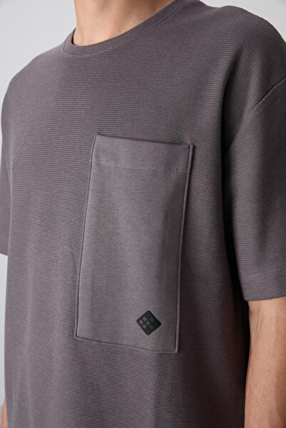 TOMMY LIFE Dark Gray Cotton Thick Surface Textured Oversize Fit Basic Men's T-Shirt - 88341