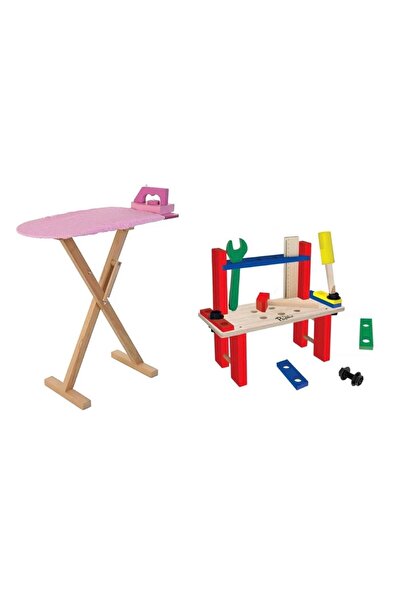 Toy Oyuncak Okul Öncesi Ahşap Eğitici Oyuncak Ütü Masası ve Tamir Aletleri Tezgahı 2'Li Anaokulu Montessori Beceri Seti