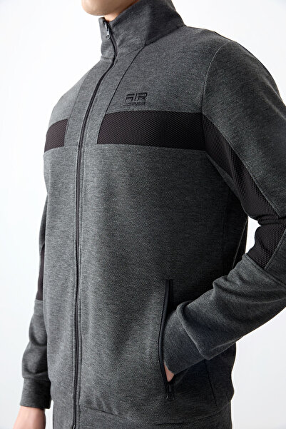 AIR JONES Anthracite Melange Surface Textured Standard Fit Embroidered Men's Tracksuit Set - 85248