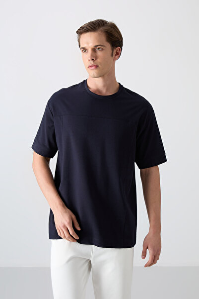 TOMMY LIFE Ανδρικό μπλουζάκι Navy Blue, χοντρή απαλή υφή, Oversize Fit Basic ...