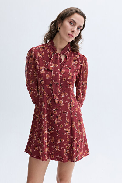 Mudo Floral Printed Mini Dress with Tie-Up Neck