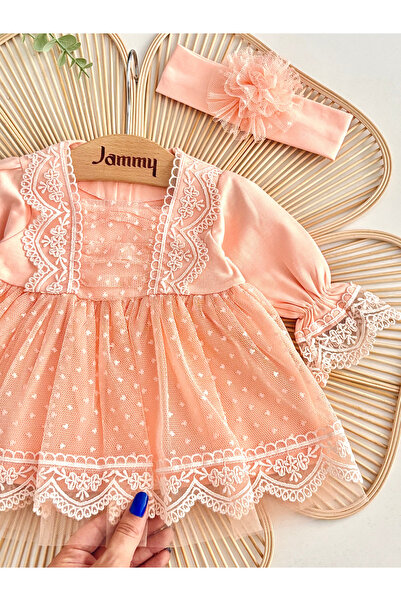 Jammybaby Carmen Elbise %100 Pamuk Penye Tül Dantelli Yenidoğan Kız Bebek Mevlüt ve Özel Gün Bandanalı Takım