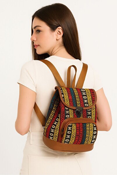 Uretti - Hüseyin 1361 Otantik Desenli Çok Renkli Küçük Sırt Çantası - 19 x 22 cm