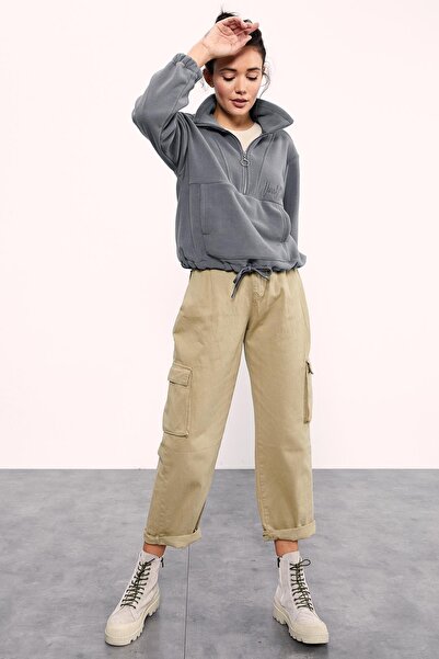 TOMMY LIFE Szürke melange félcipzáras szegély, ráncolt női polár oversize pulóver - 97171