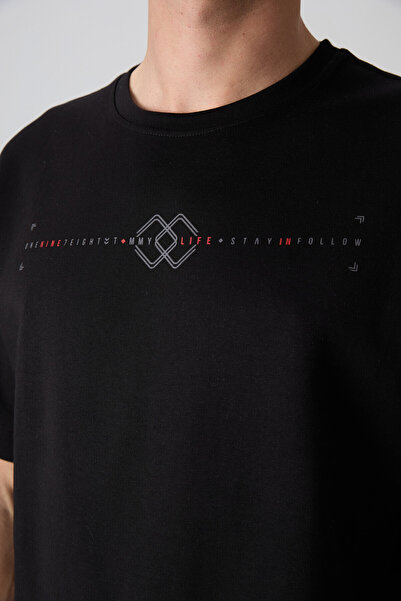 TOMMY LIFE Μαύρο βαμβακερό ανδρικό μπλουζάκι με χοντρή μαλακή υφή Oversize Fit Printed - 88323