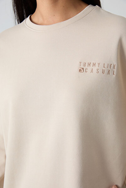 TOMMY LIFE Beige O-Neck Oversize Rubber Leg Women's Tracksuit Set - 95287