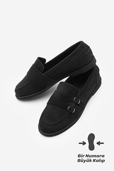 Marjin Mocasini pentru femei cu cataramă pantofi casual Ovora din piele intoarsa neagra