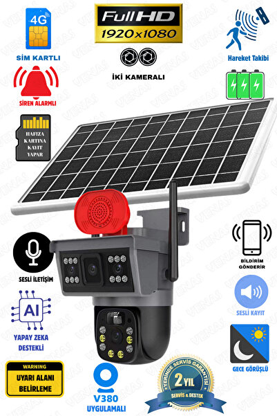 Venas 4G Sim Kartlı Solar güneş Enerjili Full HD Çift Kameralı Extra ledli Ak...