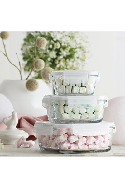 LAV Fresco Glass Storage Container Set of 3 White Locking Lid (1 Small, 1 Medium, 1 Large Storage Container)