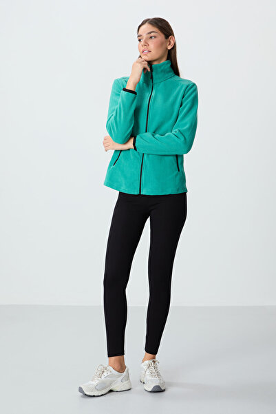 TOMMY LIFE Sea Green High Collar Zippered Comfortable Form Women's Fleece Sweatshirt - 97173