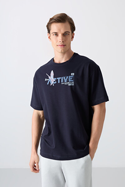 TOMMY LIFE Lacivert Pamuklu Kalın Yumuşak Dokulu Oversize Fit Baskılı Erkek T...