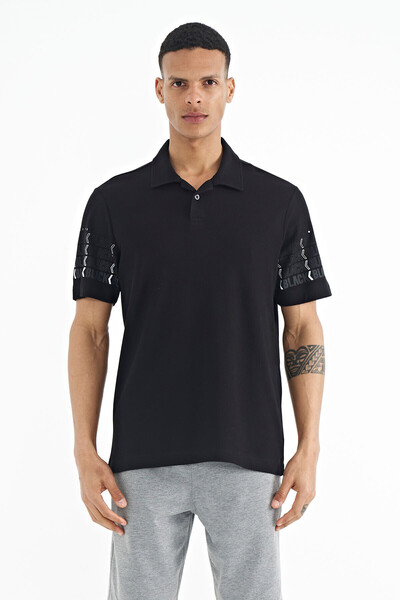 TOMMY LIFE Siyah Kol Baskı Detaylı Polo Yaka Standart Form Erkek T-shirt - 88240