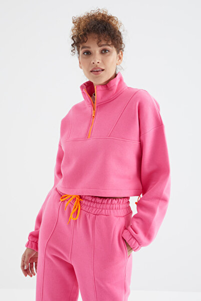 TOMMY LIFE Candy Pink Off-Shoulder Waist Gathered Γυναικεία αθλητική φόρμα με φερμουάρ μισό μήκος - 95321