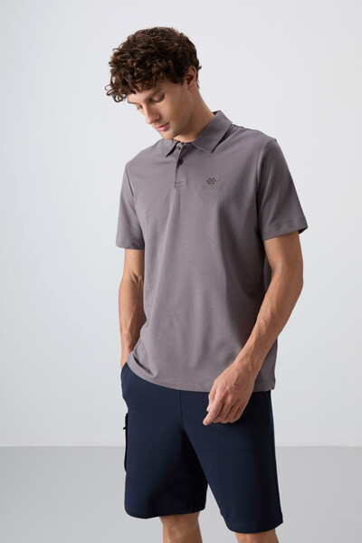 TOMMY LIFE Dark Gray Cotton Thick Soft Textured Standard Fit Basic Polo Collar Men's T-Shirt - 88348