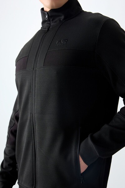 AIR JONES Black Surface Textured Standard Fit Embroidered Men's Tracksuit Set - 85248