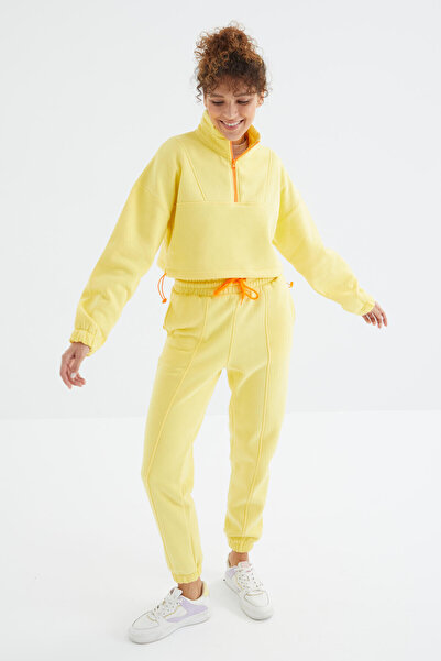 TOMMY LIFE Γυναικεία αθλητική φόρμα Lemon Off-Shoulder Waist Gathered Μισό Μήκος με φερμουάρ Oversized - 95321