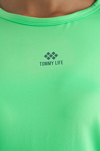 TOMMY LIFE Neon Green O-Neck Print Detailed Oversize Short Sleeve Women's T-Shirt - 97263