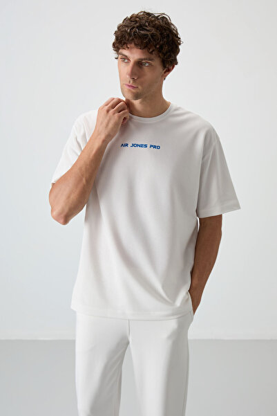 AIR JONES Ανδρικό μπλουζάκι εκρού με χοντρή επιφάνεια με υφή Oversize Fit Printed - 88364