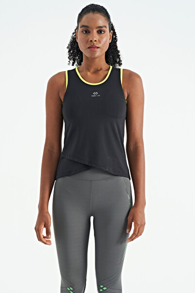 TOMMY LIFE Black Logo Printed Standard Fit Women's Sports Undershirt with Bias Stripes - 97255