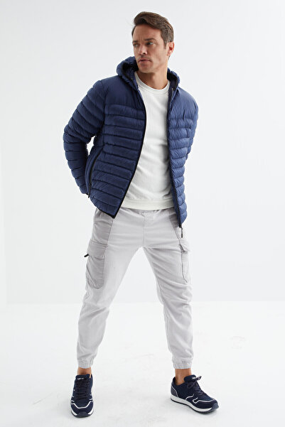 TOMMY LIFE Cold Resistant Navy Blue Men's Puffer Jacket - Zippered, Standard Fit - 88167