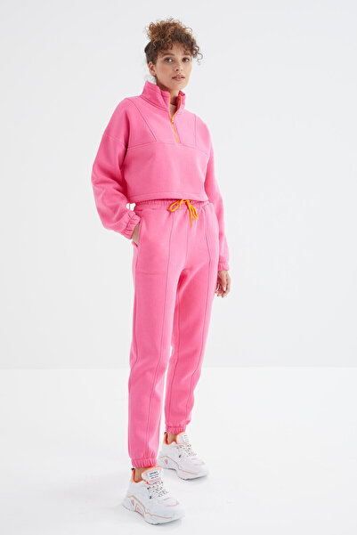 TOMMY LIFE Candy Pink Off-Shoulder Waist Gathered Γυναικεία αθλητική φόρμα με φερμουάρ μισό μήκος - 95321